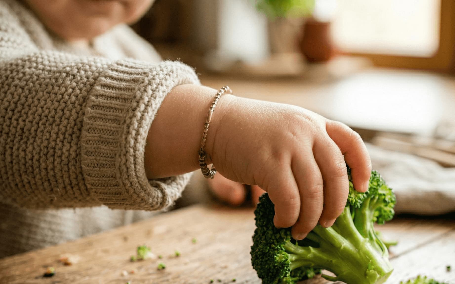 Kleinkind greift nach gesundem Essen am Küchentisch